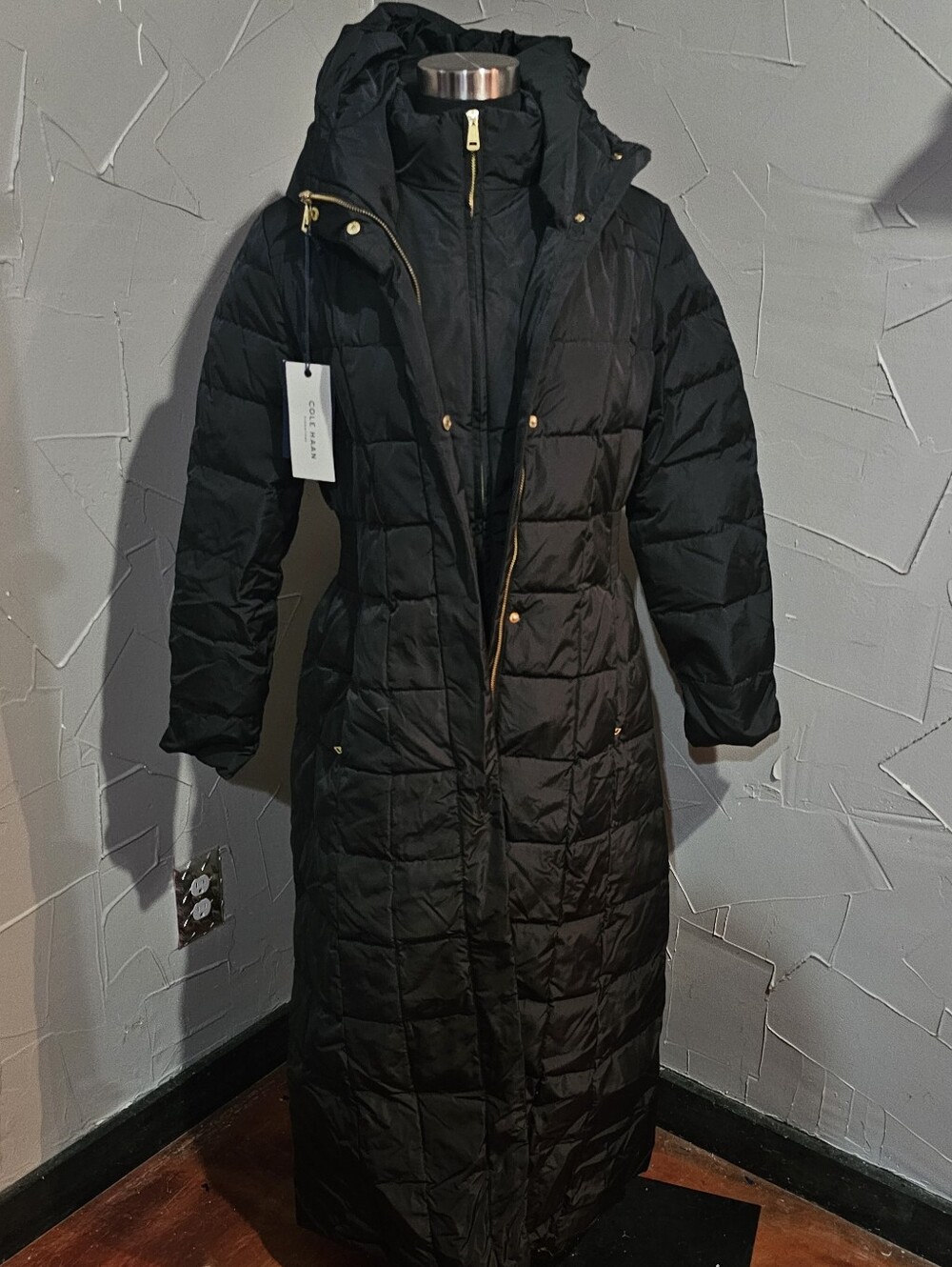Long Quilted Hooded Puffer Coat - Black - Small